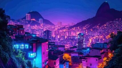 Obraz premium Vibrant Night Cityscape, Rio de Janeiro, mountain backdrop, glowing colors