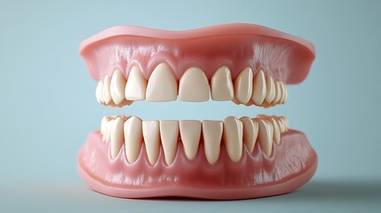 Obraz premium 3D vector style comparison of human teeth and implants inside the jawbone, soft pastel background, floating labels, ideal for educational visuals and brochures. --ar 16:9