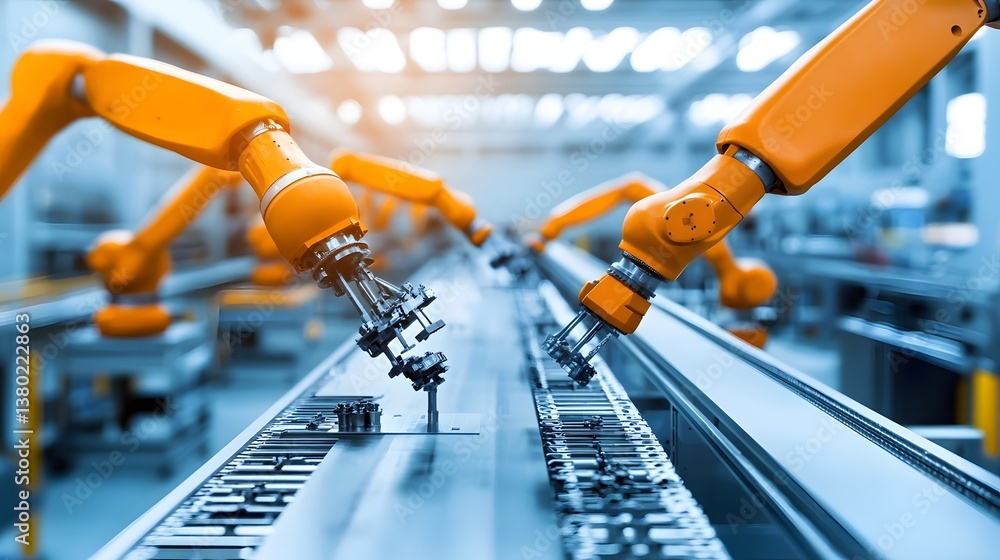 Poster an automated factory setting with robotic arms endlessly assembling and manufacturing various mechan