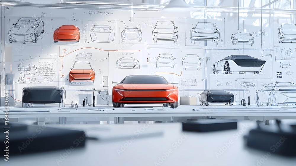 Poster an automotive design lab filled with futuristic car sketches 3d models and engineering diagrams show