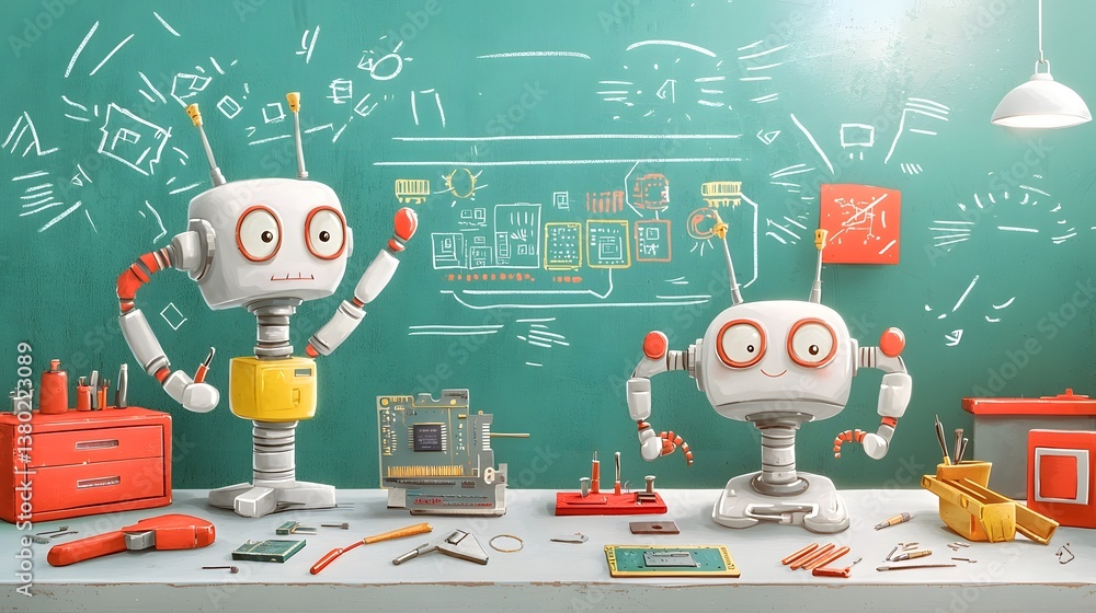 Fototapete An depicting the workspace of a robotics engineer filled with various tools half assembled robot parts and electronic components such as circuit boards and wires