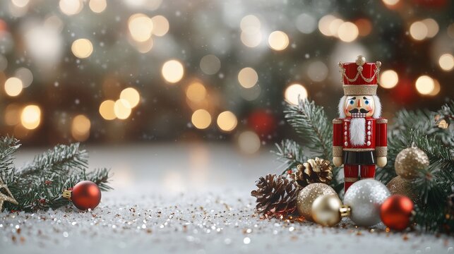 A festive nutcracker surrounded by Christmas decorations, creating a warm, holiday atmosphere with sparkling bokeh lights in the background.