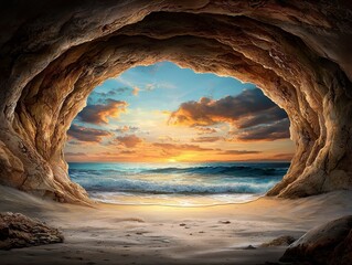 Ocean Sunset Through Cave Archway Sandy Beach and Vibrant Sky