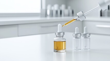 Close-up of laboratory pipette with dropper bottles on a clean white surface. Modern scientific equipment.