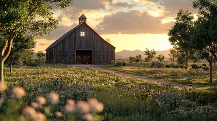 Rustic wooden barn stands amidst grassy field bathed in sunset