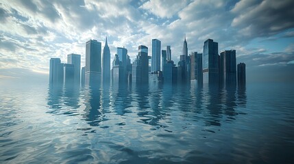 Fototapeta premium Dramatic urban flooding scene with a coastal city skyline submerged in water