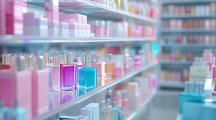 Colorful perfume bottles neatly arranged on shelves in a modern store. Aesthetic display of beauty products with a soft focus background.