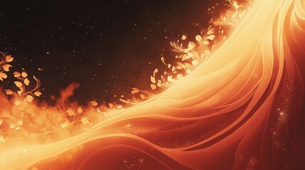 A vibrant and dynamic abstract illustration featuring flowing orange and golden waves, adorned with delicate leaves, set against a dark background, evoking warmth and energy