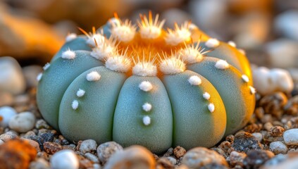 Fototapeta premium A vibrant green cactus stands out strikingly against the rocky desert terrain, amidst gravel and stones