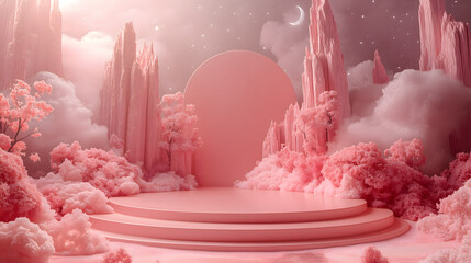 Dreamy Pink Platform Stage: A surreal, soft pink dreamscape featuring a stage, perfect for product display or creative expression. Featuring pastel color palette.