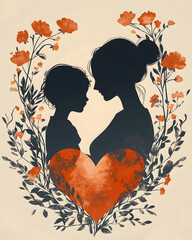 Mother and Child Silhouette: A tender and heartfelt silhouette captures the bond between a mother and child, surrounded by a wreath of delicate flowers, symbolizing love and nurturing.