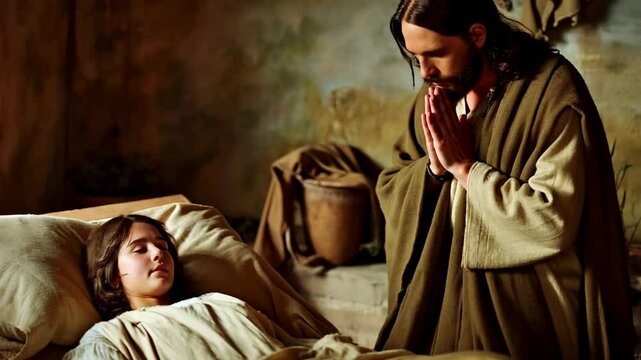 Jesus Christ at the bedside of a sick girl, praying, healing her. The Gospel story of the resurrection of Jairus' daughter. For Christian publications	
