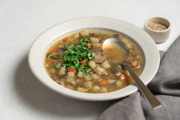 Mushroom country soup with parsley in gray bowl on gray background with copy space. Cozy seasonal vegan food