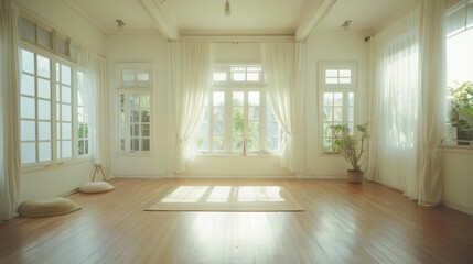 Obraz premium An empty room bathed in sunlight with windows and curtains