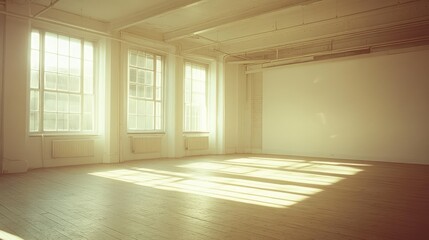 Obraz premium A bright and spacious interior room with large windows and wooden floor