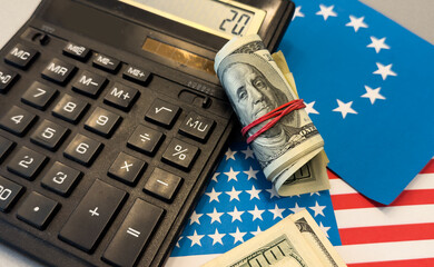 Toy cars and flags of the United States and the European Union