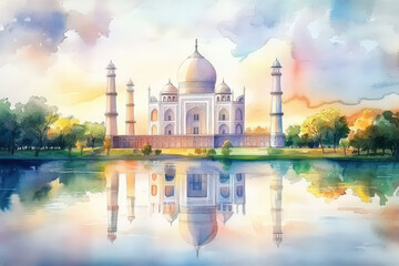 Watercolor painting of the Taj Mahal with a serene reflection at sunset