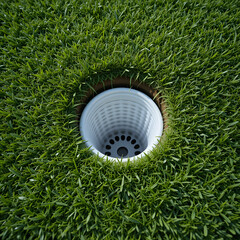 "A close-up view of a golf hole on a green grass golf course. The hole has a white plastic ring inside, and the surrounding grass is neatly trimmed and well-maintained."








