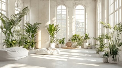 Fototapeta premium An open room with large windows and green potted plants