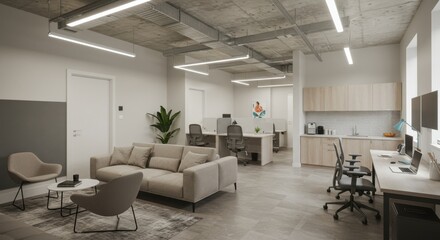 Modern Co-living Space with Shared Workstations and Lounge