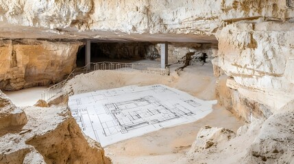 An underground cave or excavation site with rock walls and floors revealing architectural blueprints or plans laid out on the ground
