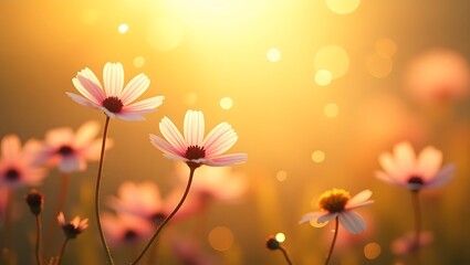 Fototapeta premium Sunset Cosmos Flowers Golden Hour Bloom Nature Beauty