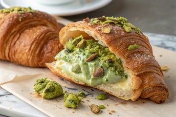 A croissant filled with rich sicilian pistachio cream