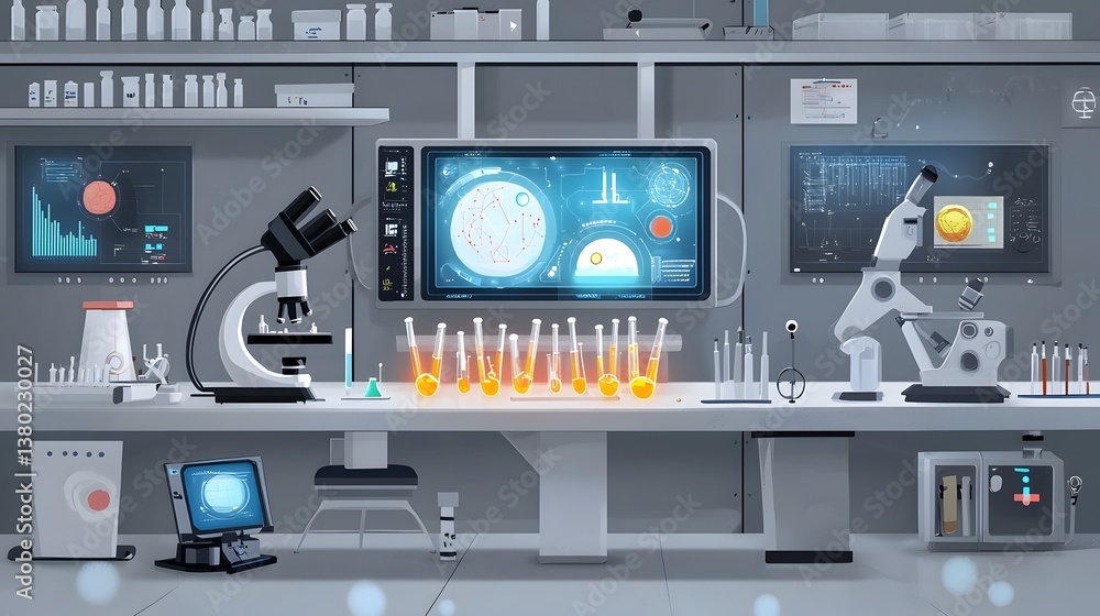 Poster cartoon of a cutting edge laboratory filled with advanced scientific instruments glowing test tubes 