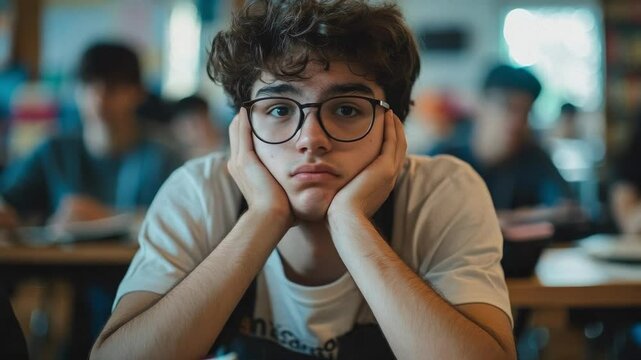 A young student sits at a desk in a classroom, resting his head on his hands with a bored expression. Other students are engaged in classwork in the background.