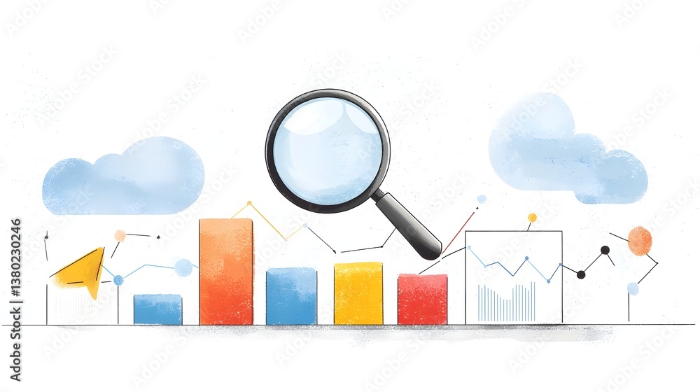 Aufkleber Cartoon of a magnifying glass hovering over a colorful bar graph symbolizing data analysis and business performance review