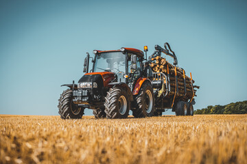 Forwarder tractor for wood transport. Tractor with trailer loaded with logs. Forestry tractor or forestry tractor for harvesting wood on the field.