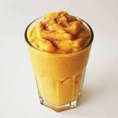 Refreshing glass of smooth drink filled with ice and garnished with a slice of citrus fruit on a bright surface