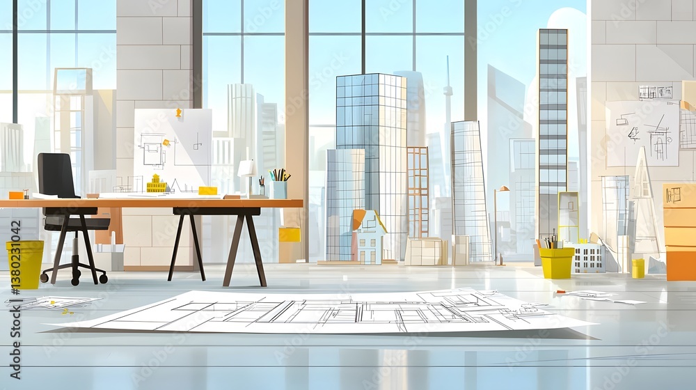 Aufkleber cartoon of an architect s modern office workspace with a drafting table computer scale models and a 