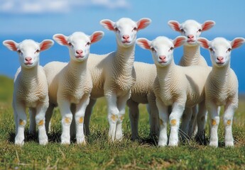 Obraz premium A herd of sheep in a grassy field looking at the camera