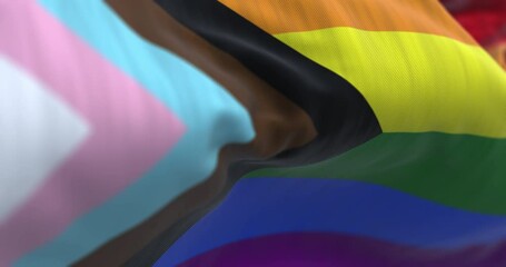 Progress Pride flag close-up with LGBTQIA+ inclusive colors and symbol of unity - Powered by Adobe