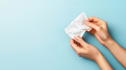Clean hands holding crumpled tissue on blue background