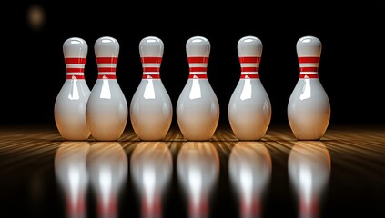 White bowling pins set against a black background, highlighting themes of sport, leisure, and competition