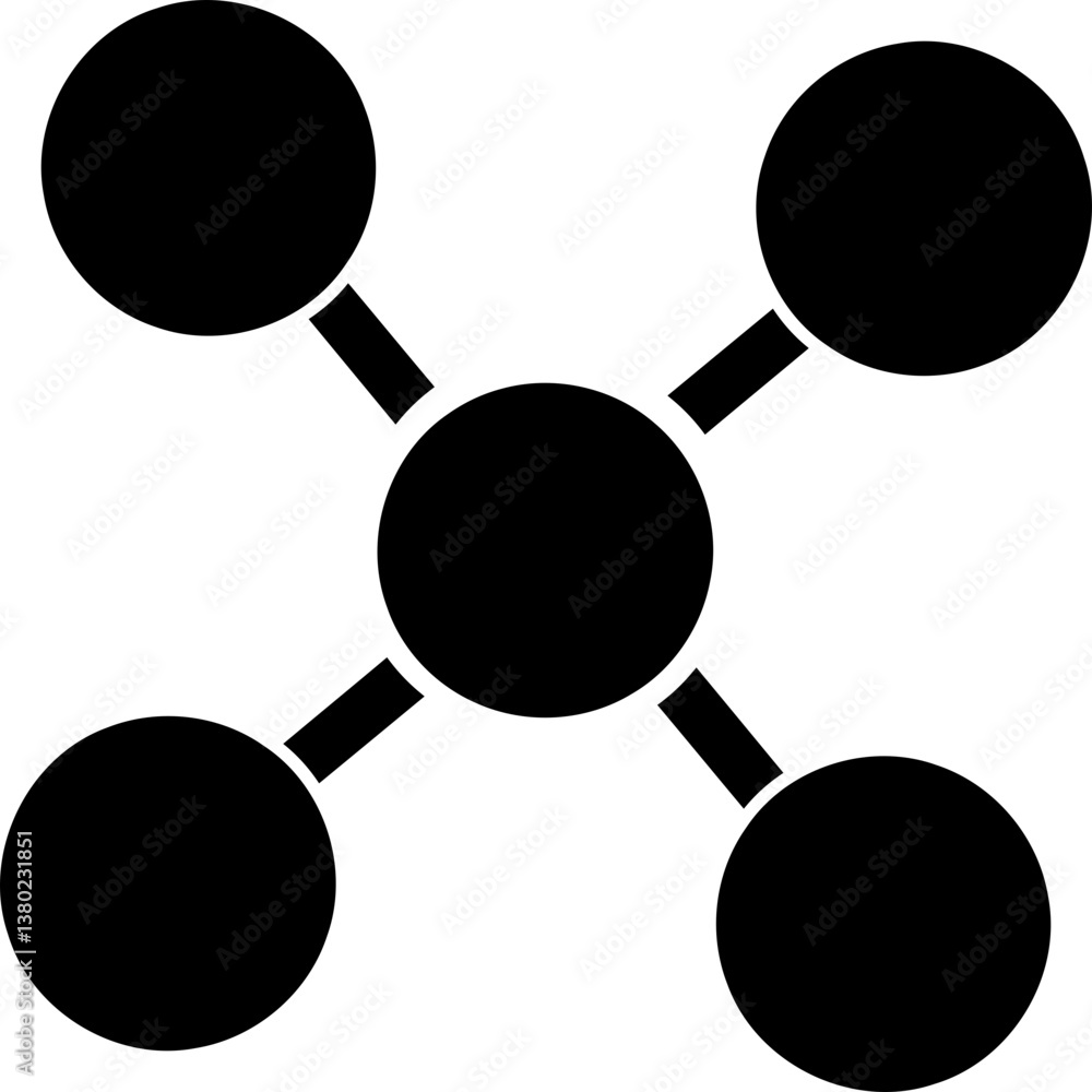 Poster black network node icon, simple connection point symbol, vector central hub with four connections