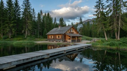 A wooden cabin by a lake, surrounded by pine trees and mountains, reflecting a peaceful and natural atmosphere.