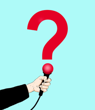Illustration of a hand holding a microphone with a question mark symbolizing media and communication