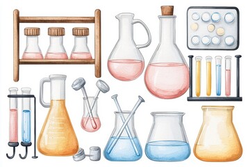 Laboratory glassware and scientific equipment set