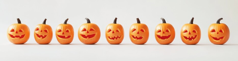 A row of intricately carved pumpkins displayed on a white background