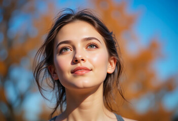 Fototapeta premium A young woman gazes softly into the distance, bathed in golden sunlight. 