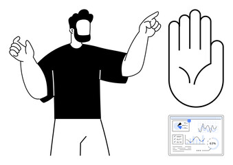 Man gesturing with raised hand symbolizing pause or recognition paired with small analytics chart and biometric palm concept. Ideal for data analysis, security, technology, communication, business