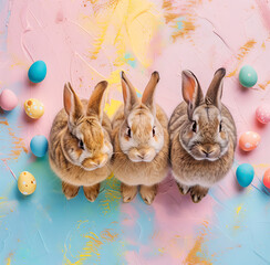 Three Easter bunnies and colored eggs on a pastel background