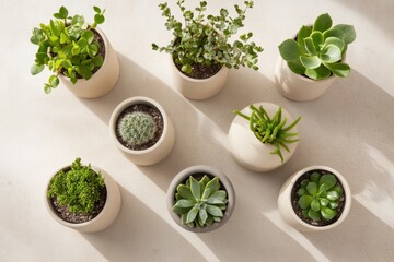 Overhead view of diverse succulents in pots for home decor and gardening inspiration