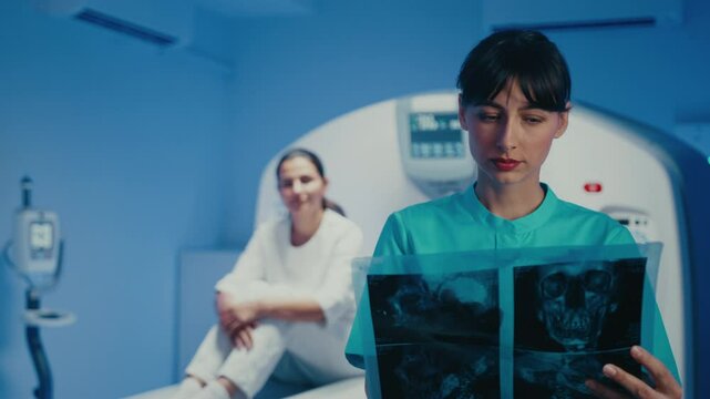 Concentrated female doctor analyzing skull scan while patient sitting behind on tomography bed smiling softly. Technician evaluating medical images preparing explanation before discussing results.