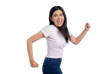 Happy young Asian woman celebrating success with clenched fist and joyful expression, isolated on transparent background
