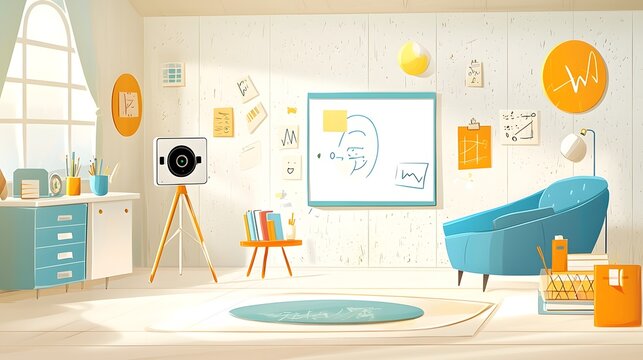 Cozy and modern virtual workspace equipped with a digital whiteboard webcam and various study materials for an engaging online teaching experience