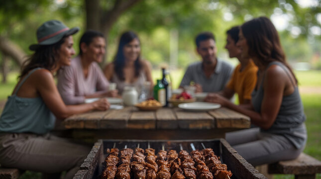 Churrasco brasile&ntilde;o al aire libre con amigos reunidos en una mesa de campo